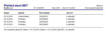 Díky této tiskové sestavě si zobrazíte seznam dokladů s jejich stavem odeslání na EET.