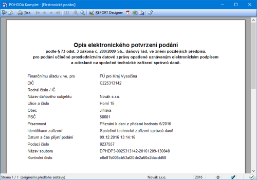 Potvrzení o elektronickém odeslání podání si můžete přímo z programu POHODA také vytisknout.