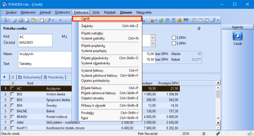Uživatelům programu POHODA bez skladové evidence se bude hodit agenda Ceník, která je v nabídce Fakturace.
