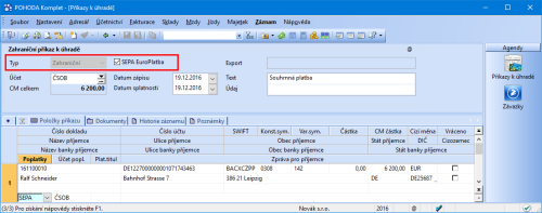 Program POHODA vám umožní generování SEPA platby v novém datovém formátu SEPA XML, stačí vytvořit zahraniční příkaz k úhradě a zatrhnout možnost SEPA EuroPlatba.