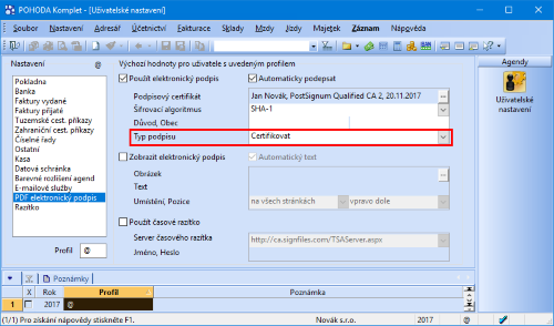 Pokud využíváte elektronický podpis, v programu POHODA si nově můžete zvolit jeho typ.