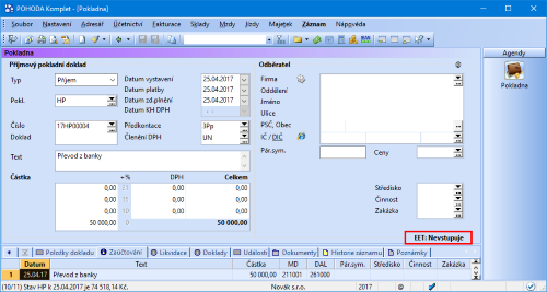 Při převodu peněz z bankovnícho účtu do pokladny se nově automaticky nastaví stav EET: Nevstupuje.