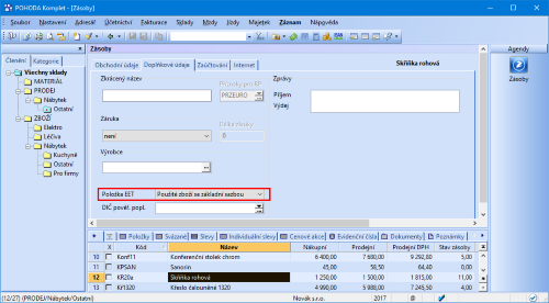 V novém poli Položka EET můžete označit zásobu příznakem použité zboží v příslušné sazbě DPH.