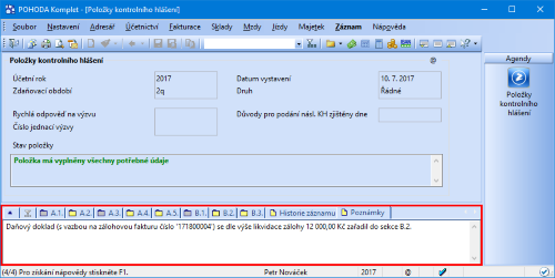 Při likvidaci vyšší jak 10 000 Kč POHODA automaticky zařadí daňový doklad do sekcí A.4. a B.2. kontrolního hlášení.