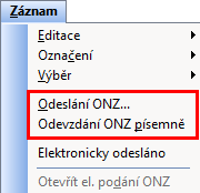 Povel Odeslání ONZ… zvolte, pokud chcete oznámení podat elektronicky na VREP, resp. do datové schránky.