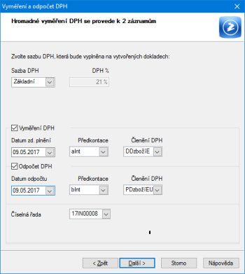 Při hromadném vyměření DPH je možné nastavit jen jednu sazbu DPH, ta se vyplní na vytvořených dokladech.