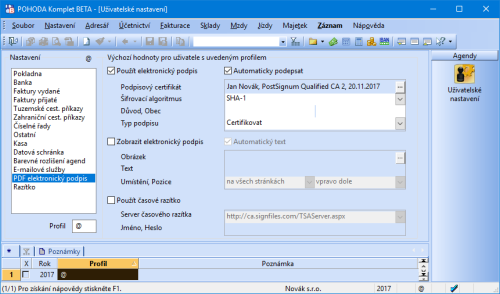 Pokud využíváte elektronický podpis, v programu POHODA si nově můžete zvolit jeho typ.