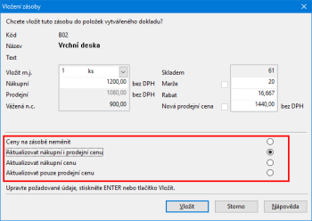 POHODA si pamatuje naposledy vybranou možnost pro aktualizaci nákupní nebo prodejní ceny u zásoby