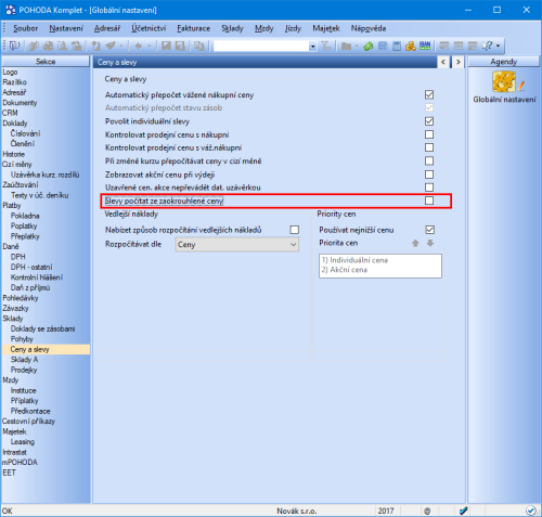 Abyste mohli využít nový výpočet cen zásob typu Sleva, nesmíte mít zatrženou volbu Slevy počítat ze zaokrouhlené ceny