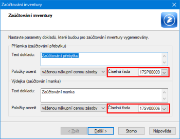 Už při přípravě zaúčtování inventury si můžete vybrat číselnou řadu pro vytvářené příjemky i výdejky