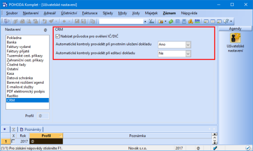 V agendě Uživatelské nastavení si můžete zvolit, jestli chcete provádět automatické kontroly při prvotním uložení dokladu a při jeho následné editaci