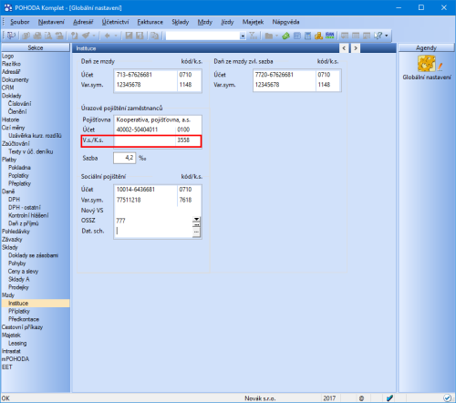 Nově můžete v Globálním nastavení zadat i variabilní symbol pro platbu úrazového pojištění zaměstnanců