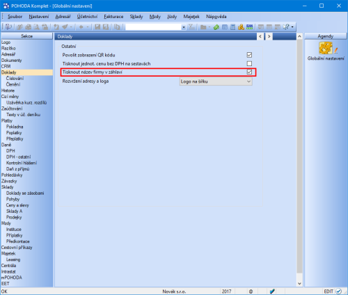 Díky povelu Tisknout název firmy v záhlaví se na dokladových tiskových sestavách zobrazí v záhlaví název vaší firmy
