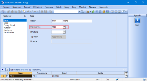 Při nastavování kasy si k ní nově můžete z agendy Provozovny přiřadit také konkrétní provozovnu