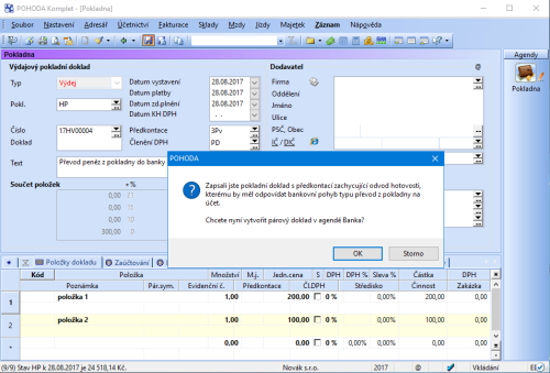 Při převodu peněz z pokladny do banky se vám bude hodit, že vám POHODA automaticky nabídne vytvoření párového dokladu v agendě Banka, resp. Pokladna