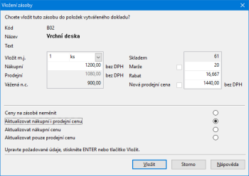 POHODA si pamatuje naposledy vybranou možnost pro aktualizaci nákupní nebo prodejní ceny u zásoby.