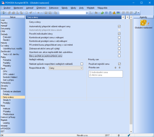 Abyste mohli využít nový výpočet cen zásob typu Sleva, nesmíte mít zatrženou volbu Slevy počítat ze zaokrouhlené ceny.