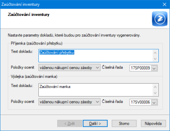 Už při přípravě zaúčtování inventury si můžete vybrat číselnou řadu pro vytvářené příjemky i výdejky.