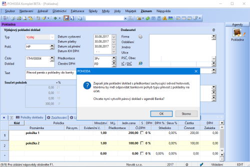 Při převodu peněz z pokladny do banky se vám bude hodit, že vám POHODA automaticky nabídne vytvoření párového dokladu v agendě Banka, resp. Pokladna.