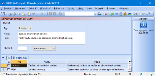 Důvody zpracování osobních údajů můžete evidovat v nové agendě programu POHODA