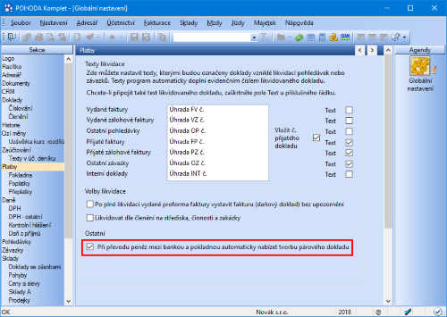 Tuto volbu v Globálním nastavení využijete pro převod peněz mezi agendami Pokladna a Banka