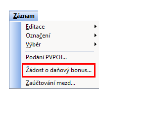 Povel Žádost o daňový bonus… vyvolá průvodce pro vytvoření nové žádosti 