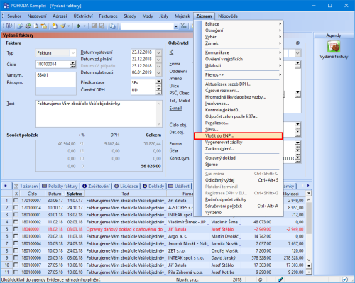 Povel pro vložení vybraných dokladů do výkazu ENP se nachází pod nabídkou Záznam
