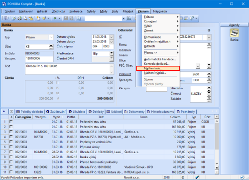 Průvodce pro načítání avíza vyvoláte z nabídky Záznam v agendě Banka