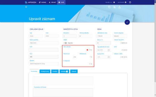 V aplikaci mPOHODA uvidíte po synchronizaci dat stav zásob na detailu položky v agendě Ceník