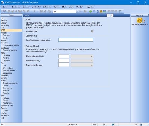 Funkce pro GDPR zapnete ve stejnojmenné sekci agendy Globální nastavení