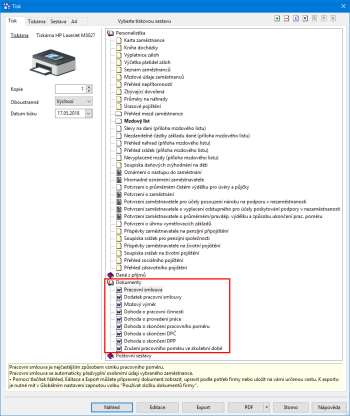 Pracovněprávní dokumenty najdete v agendě Personalistika v dialogovém okně Tisk v části Dokumenty