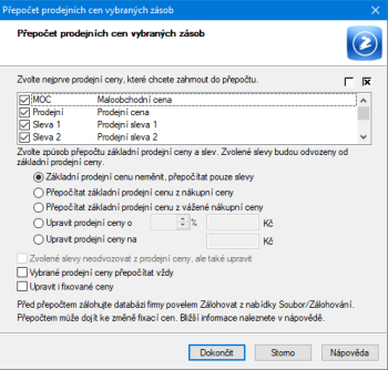 Práci v průvodci pro přepočet prodejních cen zásob vám urychlí volby pro hromadné označení či odznačení