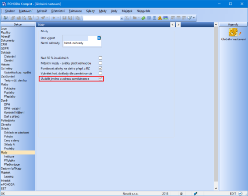 Nechcete uvádět jméno a adresu zaměstnance na dokladech vytvořených zaúčtováním? V agendě Globální nastavení zrušte nastavení vyznačené volby