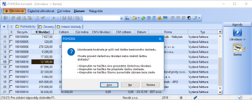 POHODA vás upozorní, pokud je likvidovaná hodnota a částka bankovního dokladu rozdílná