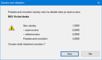 Pokud nemáte na skladě potřebný dostatek zásoby, program POHODA vám umožní vložit na položku výrobku pouze částečné množství