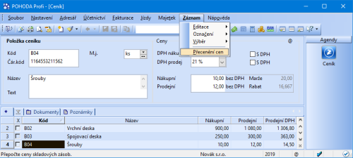 V agendě Ceník přibyla nová funkce Přecenění cen