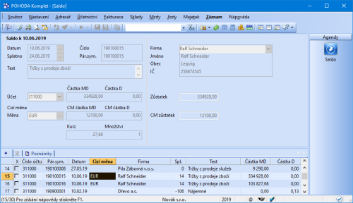 POHODA nově umožňuje sledovat zůstatky účtu v agendě Saldo v cizí měně