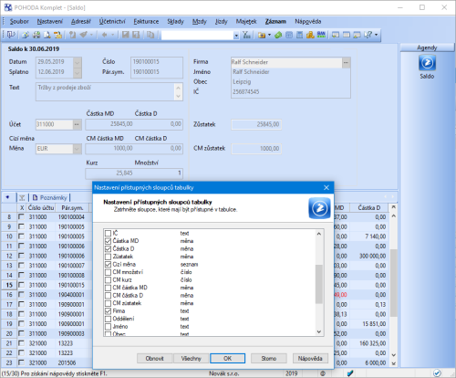 Pokud evidujete doklady v cizí měně, můžete si do sestaveného salda přidat různé sloupce týkající se cizí měny