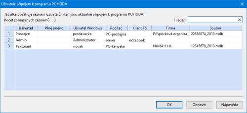 Chcete mít přehled, kteří uživatelé se přihlásili do programu POHODA? Nyní si můžete kompletní seznam uživatelů snadno zobrazit pomocí povelu Připojení uživatelé… z nabídky Databáze