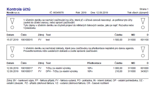 Do tiskových sestav Kontrola účtů a Kontrola předkontací vstupují nově i doklady s neplatnou předkontací