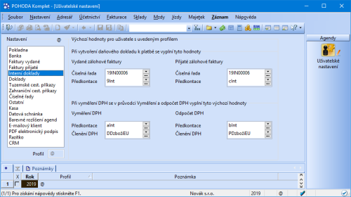 V agendě Uživatelské nastavení/Interní doklady si můžete také nastavit, do jaké číselné řady a s jakou předkontací se daňový doklad zaúčtuje