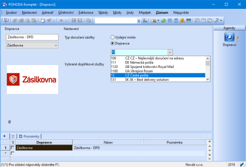Pro dopravce Zásilkovna můžete nastavit doručení zásilky prostřednictvím dalšího dopravce