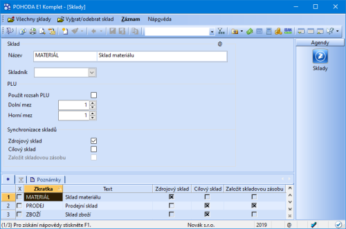 V řadě POHODA E1 najdete v tabulce agendy Sklady nové sloupce
