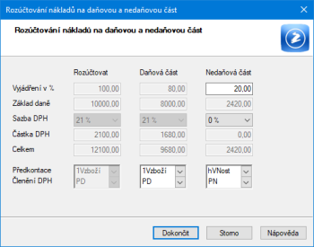 V průvodci stačí vyplnit pole Vyjádření v % k nedaňové části a program automaticky dopočte % daňové části