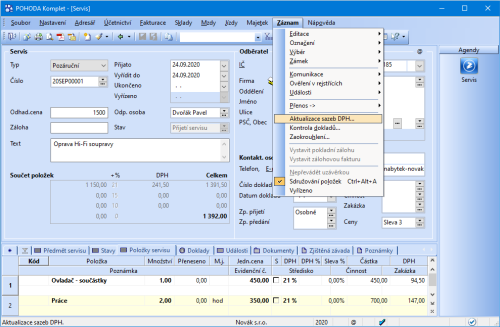 Díky volbě Aktualizace sazeb DPH… můžete hromadně změnit sazbu DPH u položek servisního dokladu