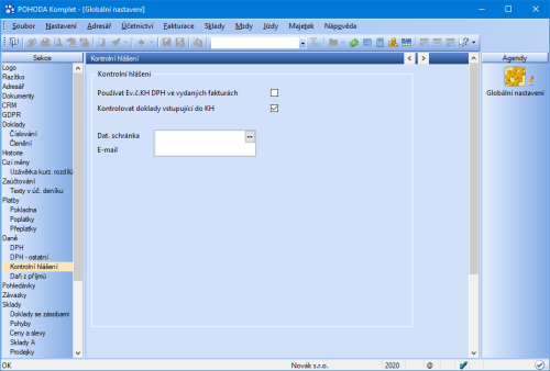 Zatržením volby Kontrolovat doklady vstupující do KH program upozorní na chybně uvedenou částku nebo nevyplněné DIČ na dokladu