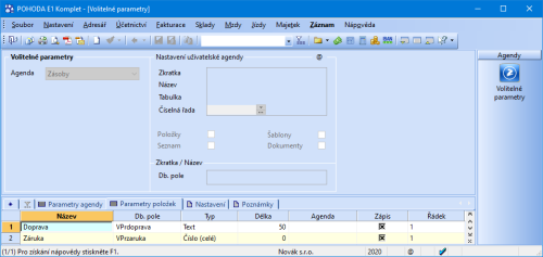 V řadě POHODA E1 lze nyní pro záložku Dodavatelé v agendě Zásoby definovat volitelné parametry