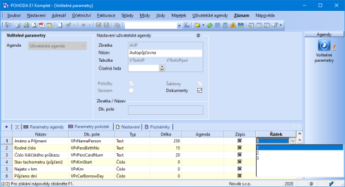 POHODA E1 umožňuje nastavit pořadí parametrů v uživatelské agendě
