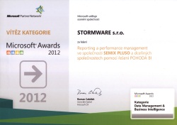 Certifikát pro společnost STORMWARE, vítěze soutěže Microsoft Awards 2012