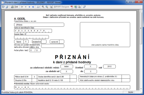 REPORT Viewer: Náhled daňového přiznání vytvořeného v programu POHODA pomocí aplikace REPORT Viewer